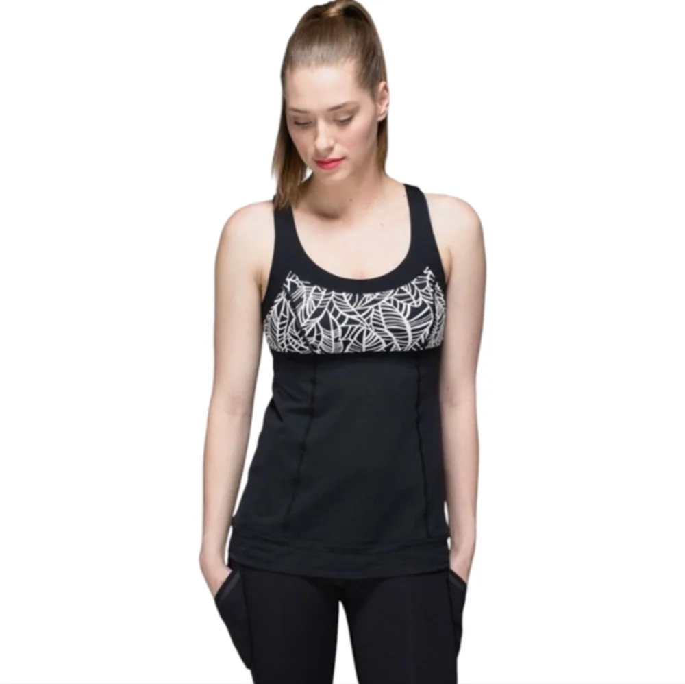 Lululemon Black White Cinch Waist Athletic‎ Tank Top Size 4 Running Yoga